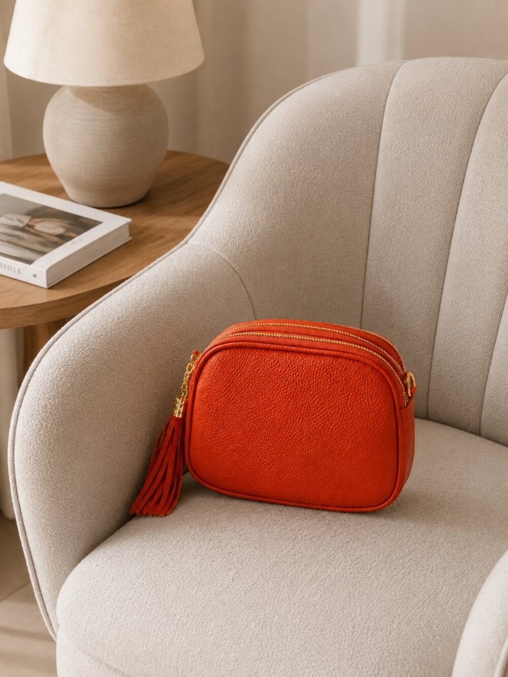 Tangerine Orange Italian Leather Crossbody Bag, Triple Zip Organizer Purse